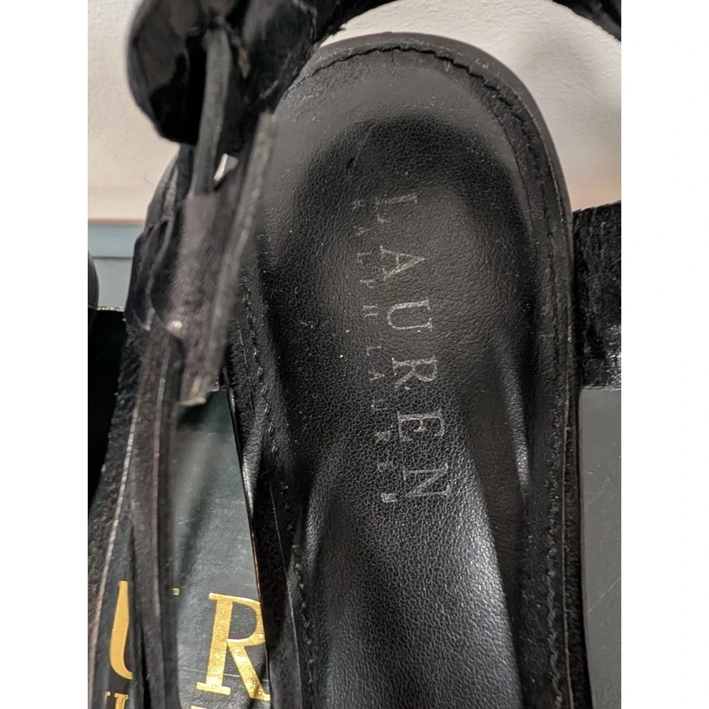 Lauren Ralph Lauren Rahima Black Leather Woven Slingback Wedge Sandals Size 9B